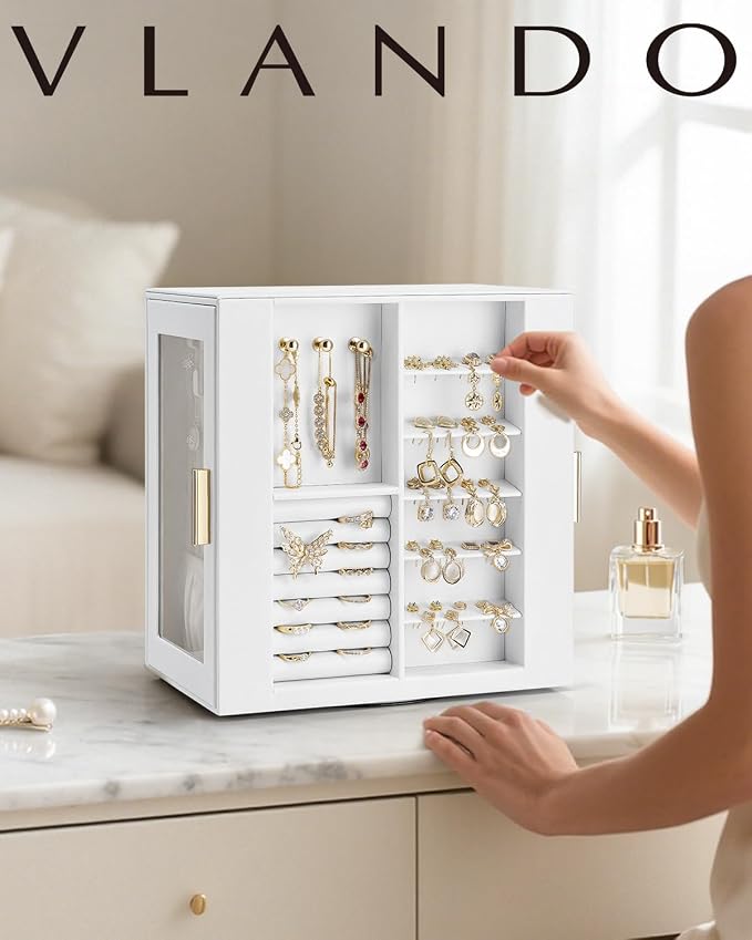 VLANDO 360° Rotating Jewelry Box with 5 Drawers, Large Jewelry Storage with 2 Glass Window, PU Leather Jewelry Organizer for Bracelets, Necklaces, Earrings, Rings - White - Image 8
