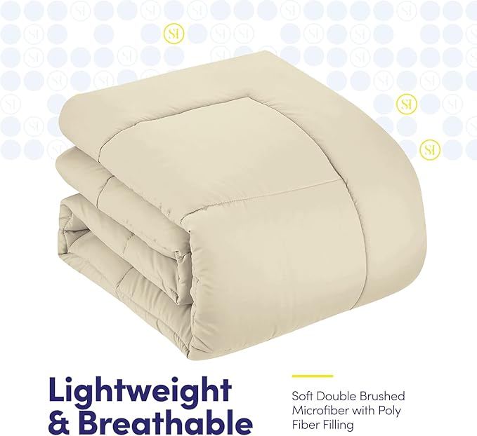 Sweet Home Collection 7 Piece Comforter Set Bag Solid Color All Season Soft Down Alternative Blanket & Luxurious Microfiber Bed Sheets, Beige, Full