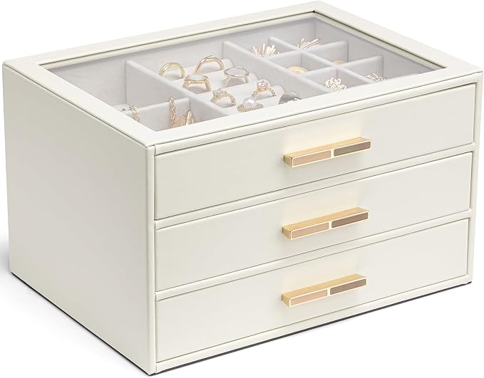 VLANDO Jewelry Box for Women, Glass Lid Jewelry Organizer with 3 Drawers for Necklaces Rings Earrings Bracelets Mother Day Gift for Mom - Cloud White by VLANDO