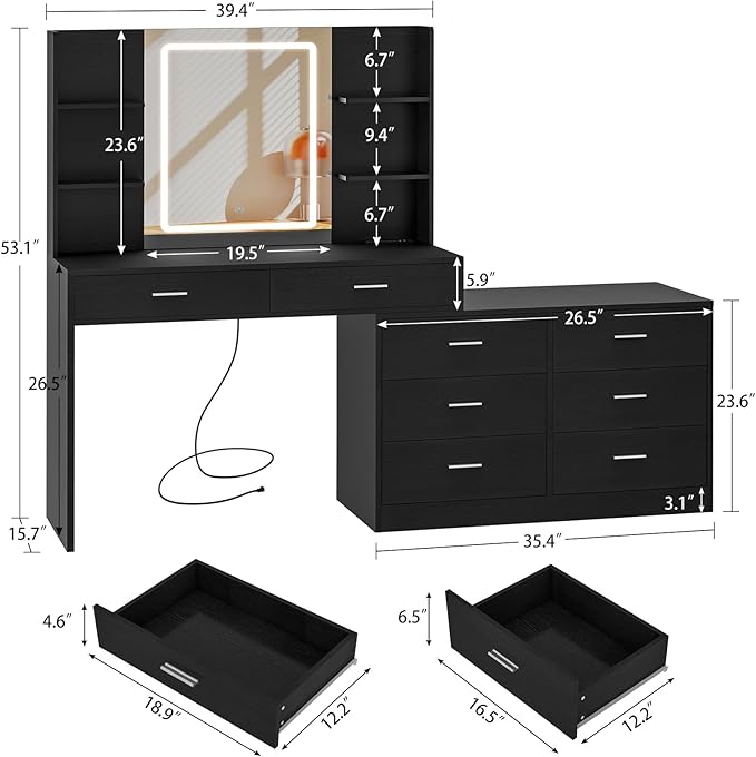 FIONESO Vanity Desk with LED Light Mirror & Power Outlet, 8 Drawers, 6 Storage Shelves, 3 Color Modes & Adjustable Brightness Makeup Vanity, Corner Vanity, L Shape Vanity, 39.4”-64.9" Desk, Black