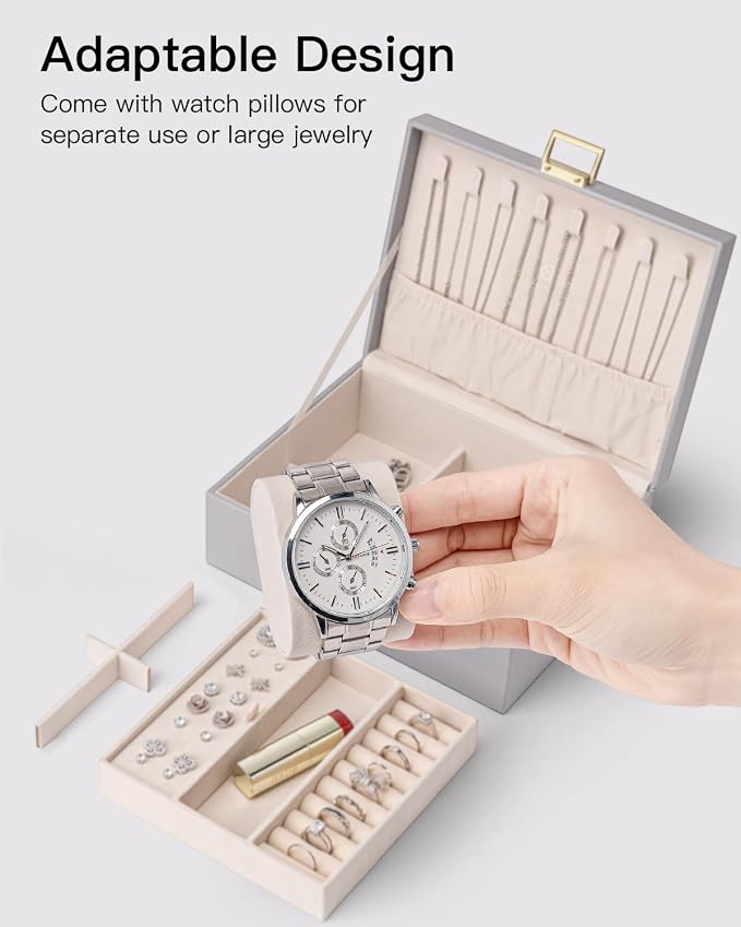 VLANDO 2 Layer Jewelry Box Large Jewelry Organizer for Women Removable Jewelery Tray with Watch Pillow for Necklace Earrings Rings Bracelets Gifts for Couples Mom Friends, Bridesmaid (Grey) - Image 3