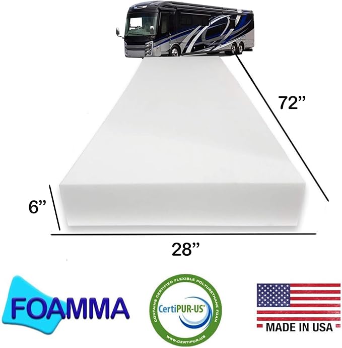 Foamma 6” x 28” x 72” Camper/RV Travel High-Density Bunk Mattress Foam Replacement, Comfortable, Travel Trailer, CertiPUR-US, Cover Not Included