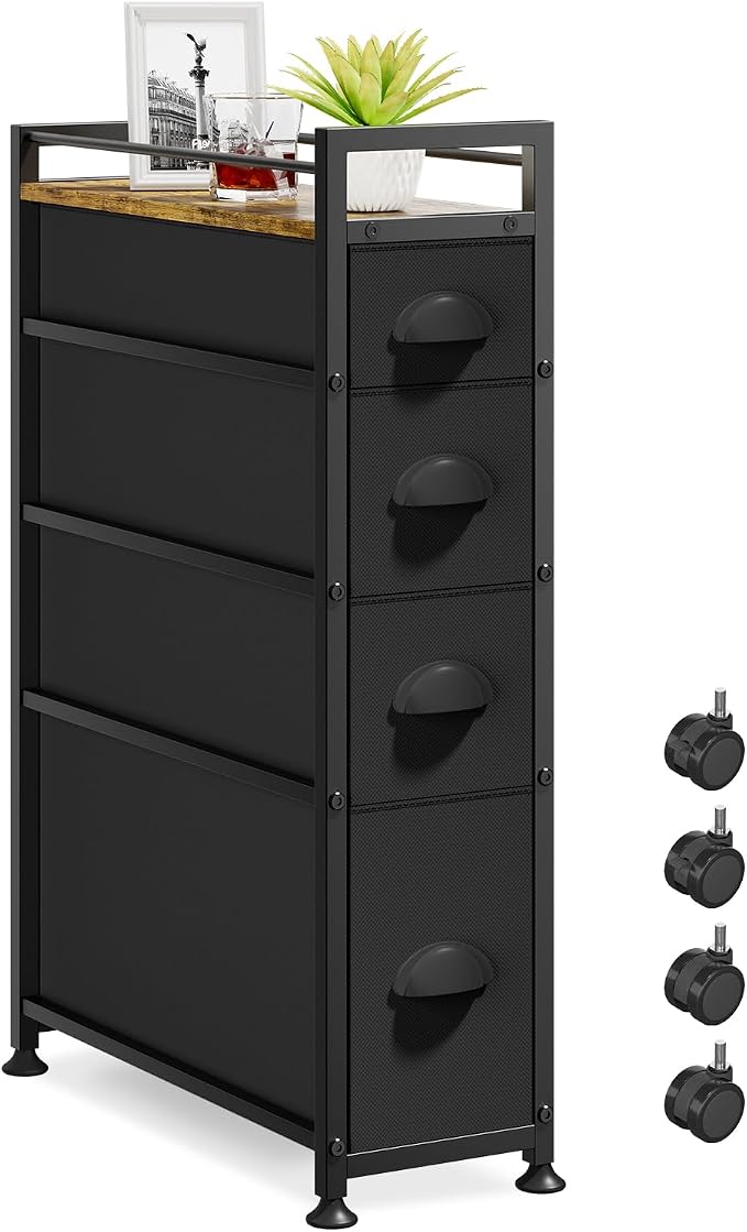 LASZOLA 4 Drawer Narrow Dresser Slim Cabinet Skinny Storage Tower Chest, Ideal for Small Spaces Bathroom Bedroom, Between Washer and Dryer, Lightweight Mobile on Wheels, Sturdy Fabric Drawers, Black by LASZOLA