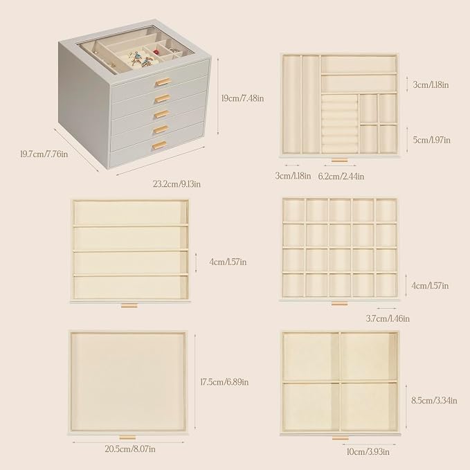 Jewelry Box with Glass Lid, 5-Layer Jewelry Organizer for Women Girls, PU Leather Display Case with 20-Grid Earring Tray & Movable Dividers for Necklaces Rings,Grey - Image 3