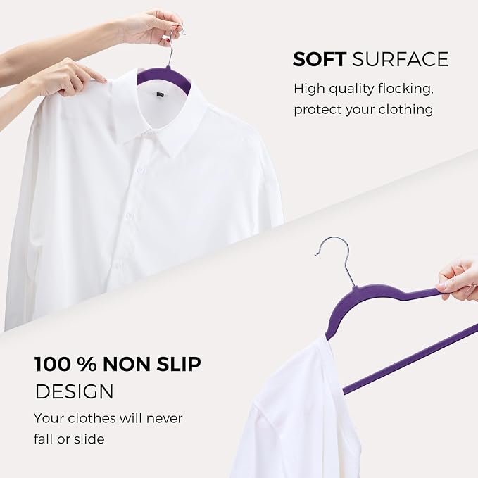 HOUSE DAY Premium Velvet Hangers 50 Pack, Non-Slip Flocked Felt Hangers, Sturdy Clothes Hanger with 360° Rotatable Hook, Heavy Duty Durable Slim Coat Hanger for Closet Space Saving (Noble-Purple) - Image 6