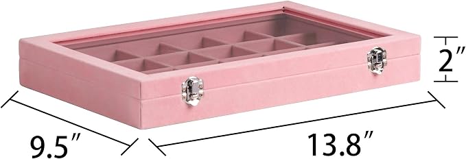 Frebeauty Velvet Jewelry Tray,24 Grid Jewelry Organizer with Clear Lid,Earring Holder Organizer with Clasp,Drawer Insert Rings Pendants Brooches,13.8 x 9.5 x 2 Inches,Gift for Women(Pink) - Image 3