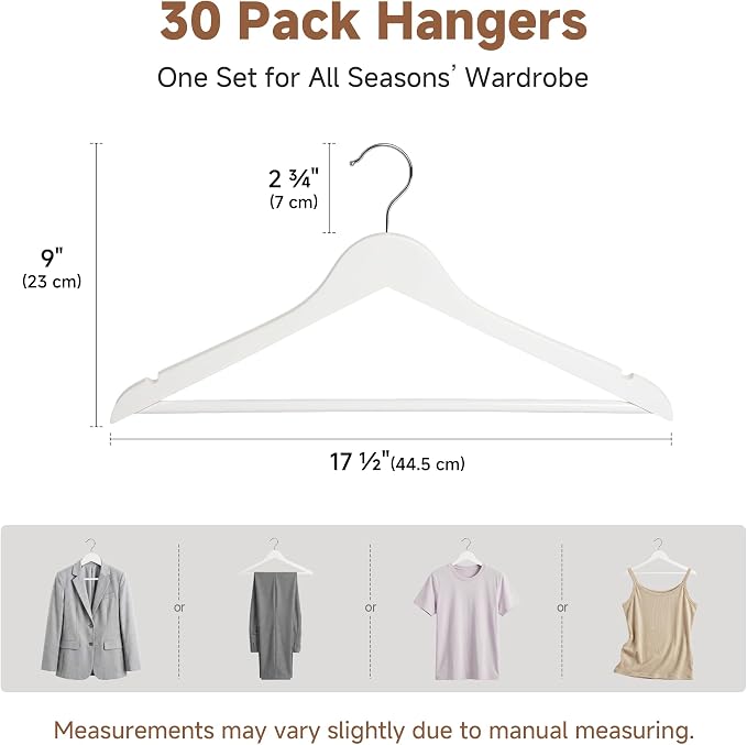 StorageWorks White Wooden Hangers 30 Pack, Heavy Duty Wood Hangers for Closet, Clothes Hangers for Coats, Bridesmaid Suits, Wedding Dress - Image 2