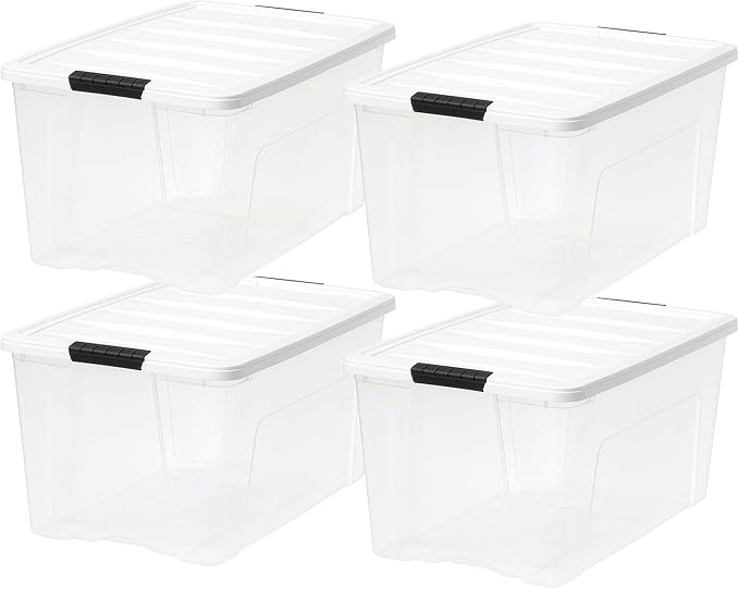 IRIS USA 72 Qt Stackable Plastic Storage Bins with Lids, 8 Pack - BPA-Free, Made in USA - See-Through Organizing Solution, Latches, Durable Nestable Containers, Secure Pull Handle - Clear/White - Image 2