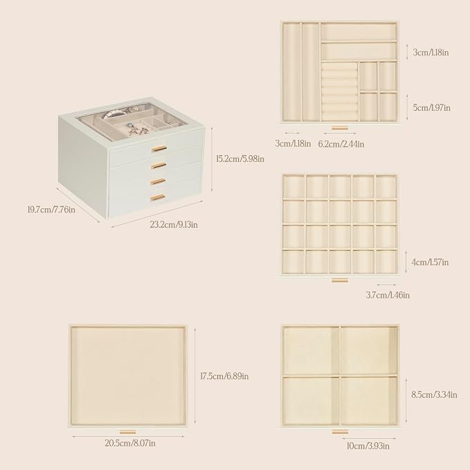 Jewelry Box with Glass Lid, 4-Layer Jewelry Organizer for Women Girls, PU Leather Display Case with 20-Grid Earring Tray & Movable Dividers for Necklaces Rings - Cloud White - Image 3