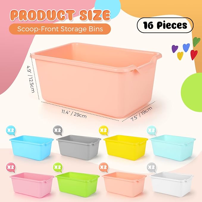 Dandat 16 Pcs Plastic Book Bins for Classroom Library Cubby Bins Scoop Front Stackable Toy Storage Tubs Containers for School Office Home Nursery Playroom Organization(Candy Color) - Image 2