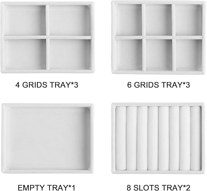 Frebeauty Small Jewelry Tray Set,Stackable Velvet Jewelry Organizer Tray,Mini Jewelry Drawer Organizer,Drawer Inserts,4.92 x 3.74 x 0.9 Inches,Earring Organizer for Women(Set 9,White) - Image 4