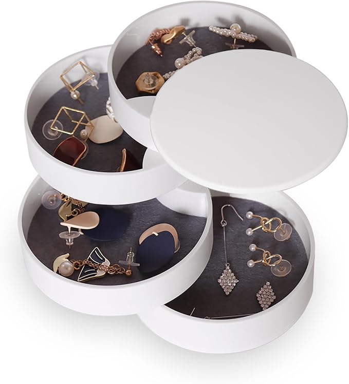 CONBOLA Jewelry Organizer, Small Jewelry Storage Box Earring Holder for Women, 5-Layer Rotating Travel Jewelry Tray Case with Lid for Bracelets Rings Bracelets, Gift for Women Teen Girls(White) by CONBOLA