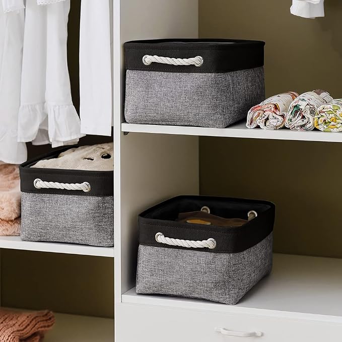 TheWarmHome Storage Basket for Organizing - 14x10x7 inch Medium 3 Pack Collapsible Storage Bin for Shelves with Rope, Fabric Storage Cubes for Organizer Cloth Gift Toy Closet (Black & Grey) - Image 2