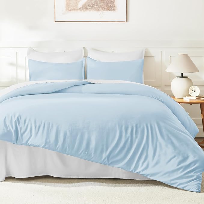 Litanika Comforters Light Blue Full Size, 3 Pieces Lightweight Solid Bedding Comforter Set, All Season Fluffy Bed Set (79x90In Comforter & 2 Pillowcases)
