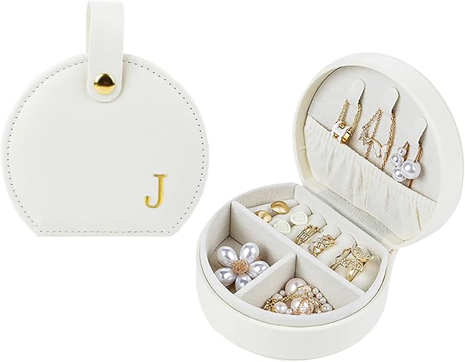 Travel Jewelry Case,Personalized Jewelry Box,Elegant Half-Moon Design with Personalized Golden Initial Case,Personalized Gifts for Women,Jewelry organizer;Personalized Gifts for Women or Friends(J) by Koyzsen