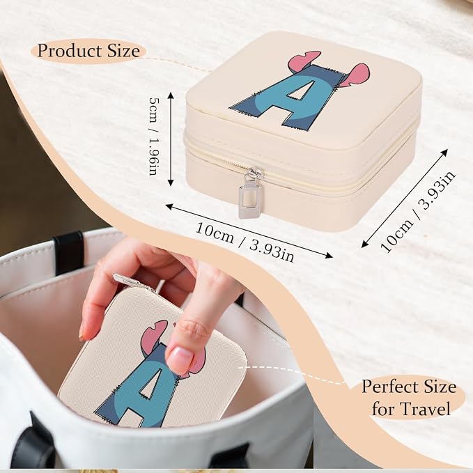 LONGXIN Cute Cartoon Gifts, Initial Travel Jewelry Case Small Jewelry Box Organizer, Personalized Gifts for Women Teen Girls, Birthday Christmas Gifts for Cartoon Lovers, Letter A - Image 4