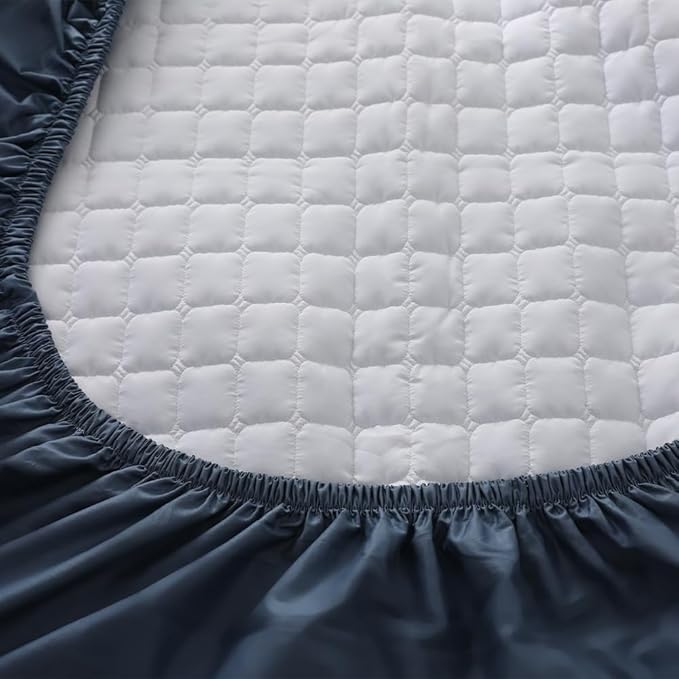 Quilted 100% Cotton Mattress Cover – 6 Colors, Machine Washable, Breathable & Stretchy, Fits up to 16-Inch Deep, Twin/Full/Queen/King (Navy, Queen)