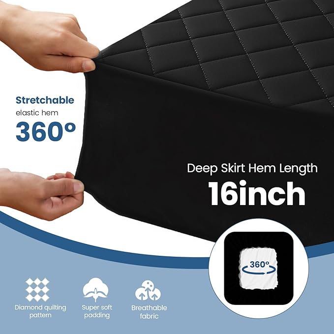 Twin XL Mattress Protector,Waterproof Mattress Protector Fitted Up to 16" Deep Pocket, Soft Breathable Bed Mattress Cover for Bedroom,Doom Room,(Black)