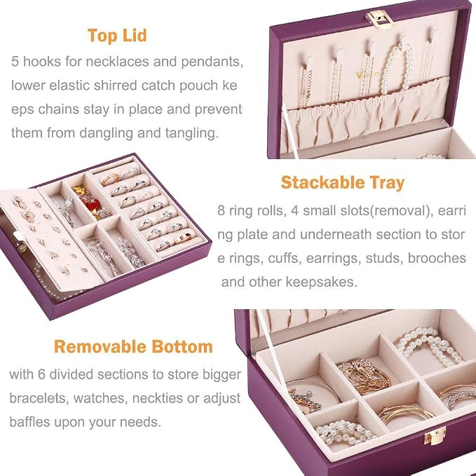 Voova Jewelry Box Organizer for Women Girls, 2 Layer Large Men Jewelry Storage Case, PU Leather Display Jewellery Holder with Removable Tray for Necklace Earrings Rings Bracelets, Vintage Gift, Purple - Image 2