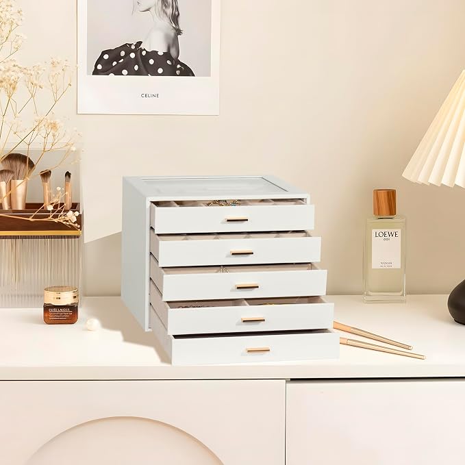 Jewelry Box with Glass Lid, 5-Layer Jewelry Organizer for Women Girls, PU Leather Display Case with 20-Grid Earring Tray & Movable Dividers for Necklaces Rings - Cloud White - Image 2