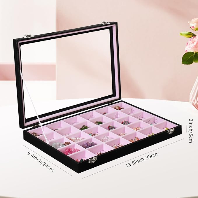 Stratalife Jewelry Organizer Earring Holder Jewelry Tray with Lid Earring Storage Drawer Organizer Earring Ring Storage for Women 30 Grid (Pink Black) - Image 6