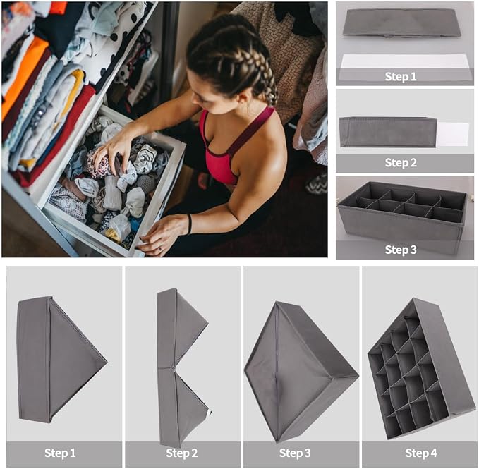 Lourome Underwear Organizer, 5 Set Foldable Fabric Underwear Drawer Organizer and Sock Organizer, Drawer Organizers for Clothing, Storage Bins for Underwear, Sock, Bra and Tie - Image 4