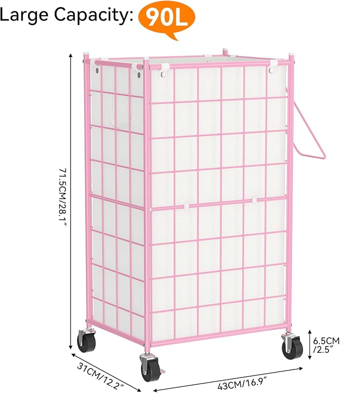 WOWLIVE Laundry Hamper with Wheels,Metal Wire Frame Rolling Laundry Basket with Removable bag,100L Dirty Clothes Hamper Organizer Dorm Room Storage for Bedroom,Bathroom,Pink - Image 2
