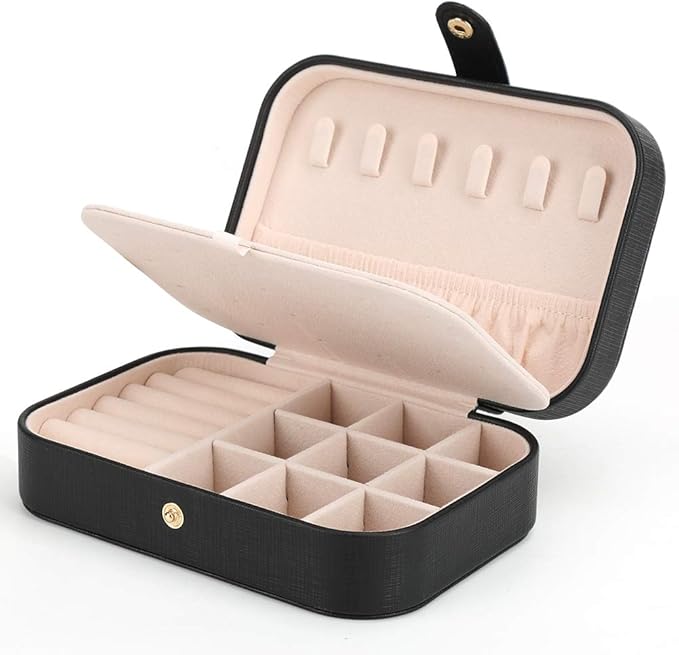 FEISCON Small Jewelry Box Necklace Ring Storage Organizer Mini Jewelry case Double Layer Travel Jewelry Organizer for Women Girls Gift/Black by FEISCON