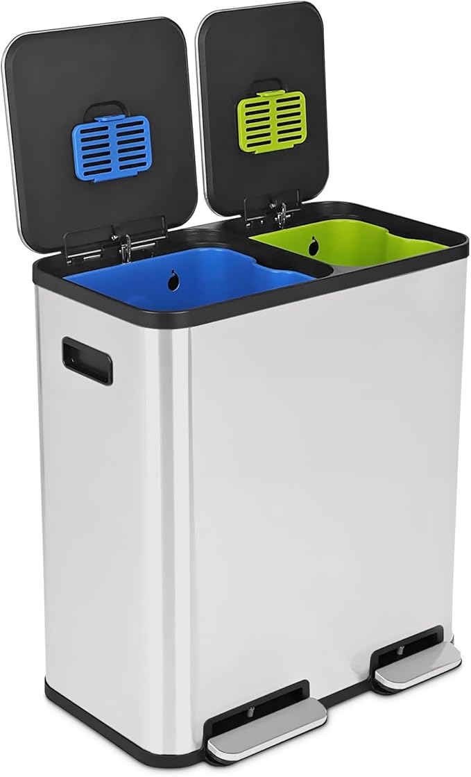 Simpli-Magic 70 Liter / 18.5 Gallon Rectangular Hands-Free Dual Compartment Recycling Kitchen Step Trash Can with Soft-Close Single Lid, Stainless Steel (40L x 30L Capacity), White by Simpli-Magic