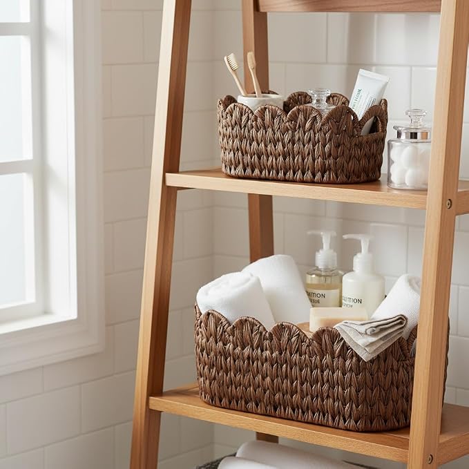 Coeusy Wicker Scalloped Basket Set of 2,Woven Storage Baskets for Shelves,Closet,Laundry,Gift,Towels,Books,Toys,Waterproof Cute Decor Basket for Organizing,Brown - Image 4