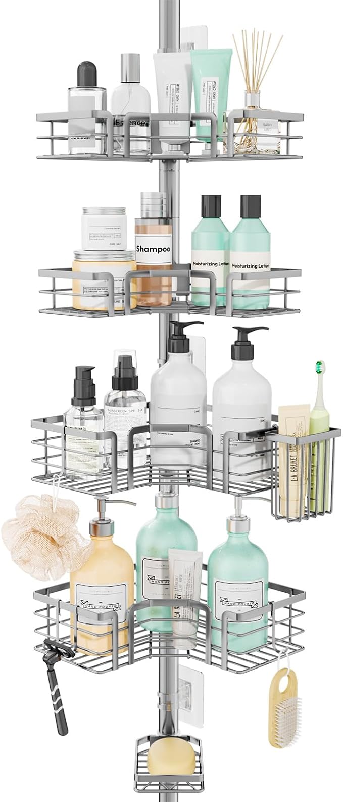 SWTYMIKI Shower Caddy Tension Pole - 4-Tier Corner Shower Organizer Tension Rod with Soap Holder, Toothbrush Holder & 4 Hooks, Adjustable Stainless Steel Bathroom Organizer 27.6 to 108.3 inch, Silver by SwtyMiki-TidyHomeSweetLife