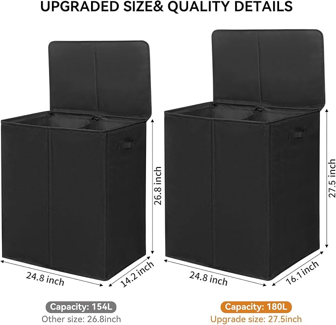 WOWLIVE 180L Double Laundry Hamper with Lid and Removable Laundry Bags, Large Dirty Clothes Hamper 2 section Collapsible Laundry Basket Dorm Room Storage for Bedroom, Bathroom, College,Black - Image 2