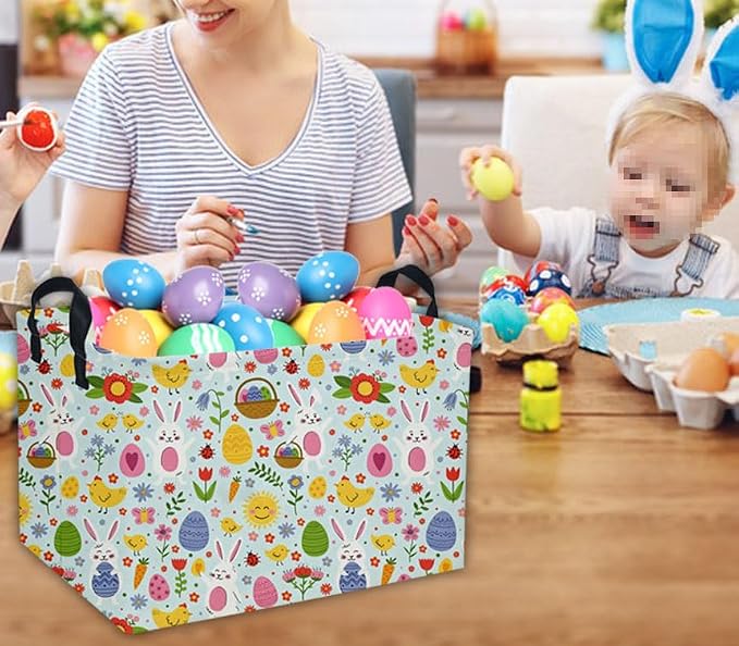 Easter Basket for Kids Gift Bunny Baskets Empty Baby Basket for Boys and Girls Rectangular Toy Storage Bins Organizer Bin Box Cute Egg Room Decor for Home(Bule Easter) - Image 4