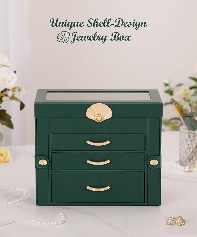 Enthralite Jewelry Box with 3 Drawers: Display Organizer for Earrings Necklaces - Gifts for Girls Women (Forest Green) - Image 3