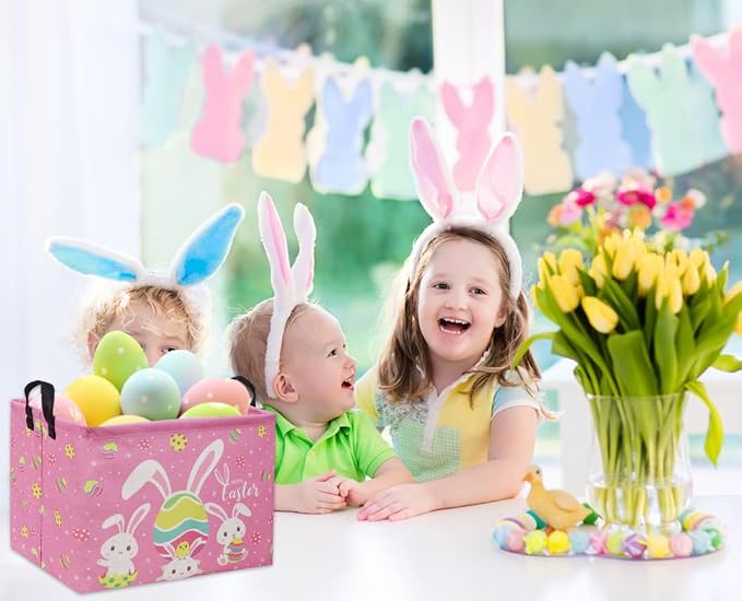 Rectangular Easter Baskets Gift Basket Empty Pink Bunny Kids Storage Bin Baby Boy Basket Kids Toy Storage Bin Organizer Box Easter Room Decor for Home(Pink Easter) - Image 2