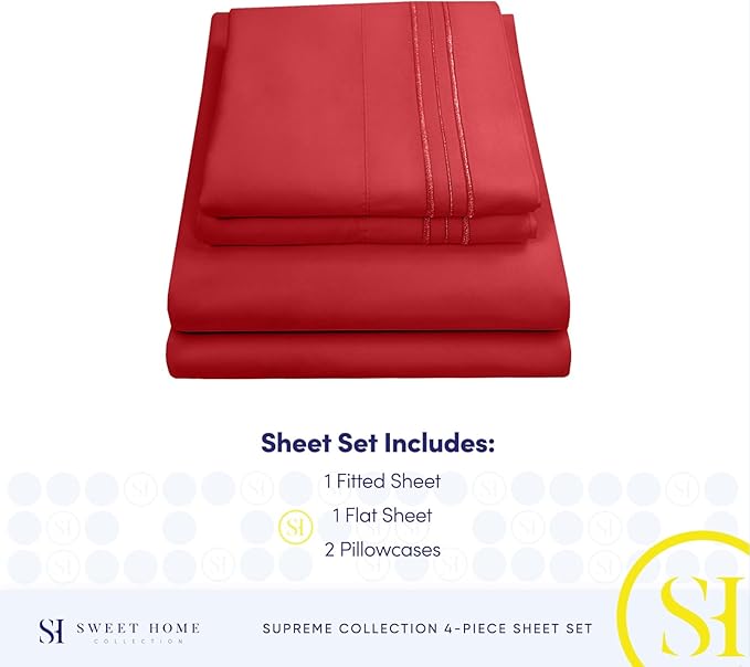 Queen Size Bed Sheets - Breathable Luxury Sheets with Full Elastic & Secure Corner Straps Built In - 1800 Supreme Collection Extra Soft Deep Pocket Bedding Set, Sheet Set, Queen, Red