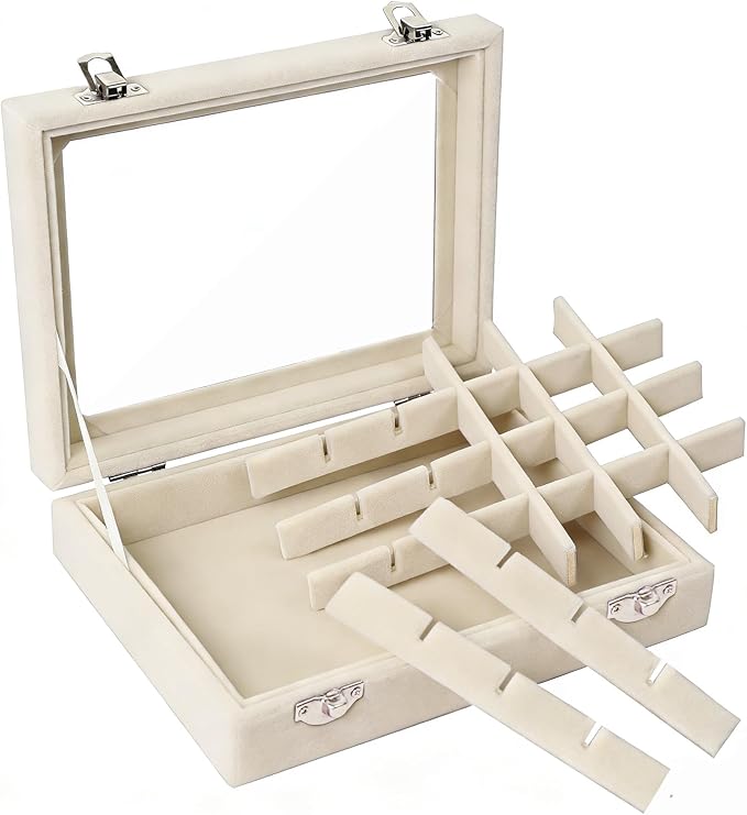 Velvet Jewelry Box 24 Grid Jewelry Earrings Display Organiser Box Ring Tray Holder Earrings Storage Case for Girls Women Wife Mom (Beige) - Image 6