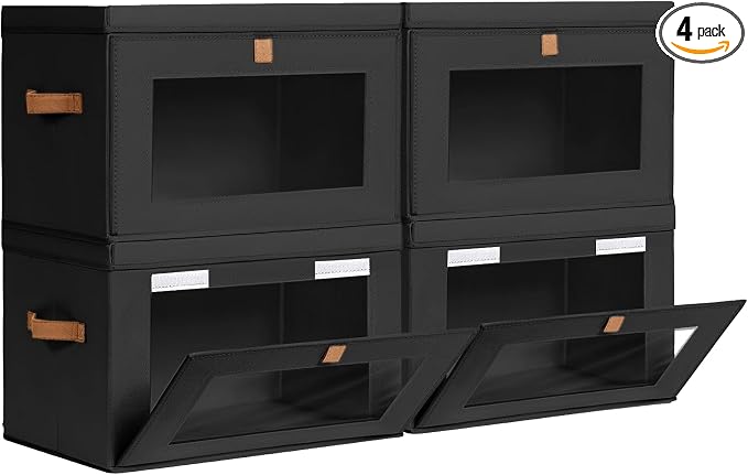 Homsorout Collapsible Storage Bins - Large Stackable Organizer Bins, Decorative Boxes with Handles & Window, Fabric Containers for Living Room, Closet, Dorm, 4 Pack, Black by Homsorout