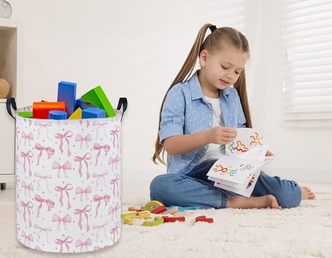 Girls Laundry Basket Pink Hamper for Nursery Bowkont Hamper Cute Kids Storage Bin Organizer Room Decor for Home(Pink bowkont) - Image 7