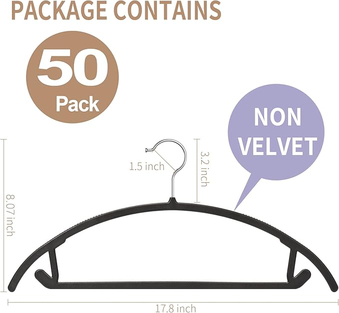 Ergonomic Curved Plastic Hangers 50pack - No Shoulder Bump Design, Non-Slip Grip for Delicate Fabrics, Heavy Duty Clothes Hangers, Holds Up to 11lbs - Ideal for Silk, Coats & Winter Wear(Black) - Image 2