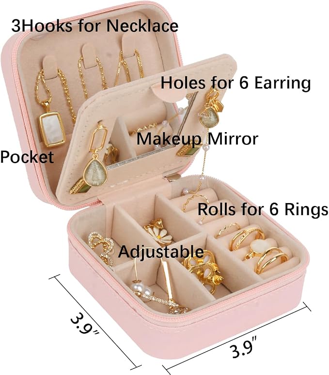 OceeK Travel Jewelry Case Box Organizer with Mirror,Travel Jewelry Box Holder Stocking Stuffers,Pink,1 Pack - Image 2