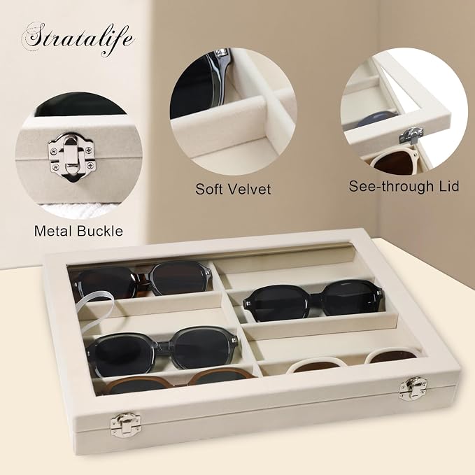 Stratalife Sunglasses Organizer Sunglass Display Tray Jewelry Tray with Lid Sunglasses Storage Case Drawer Watch Box for Men and Women Beige (8 Grids) - Image 2