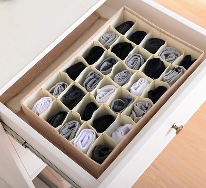 AARAINBOW 2 Packs Underwear Socks Ties Storage Organizer with Lids Foldable Closet Drawer Organizer 60 Cells, Fabric Drawer Wardrobe Divider Storage Boxes for Scarves and Lingerie (30 Cell, 2 Beige) - Image 4