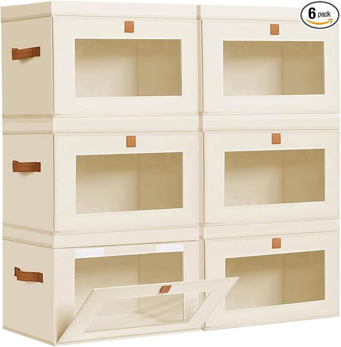 DIMJ Storage Bins with Lids - 6 Pack Large Fabric Closet Organizer with Window & Handles, Collapsible Decorative Storage Boxes for Shelves Under Bed, Books Clothes Blankets Sweaters Organization by DiMJ