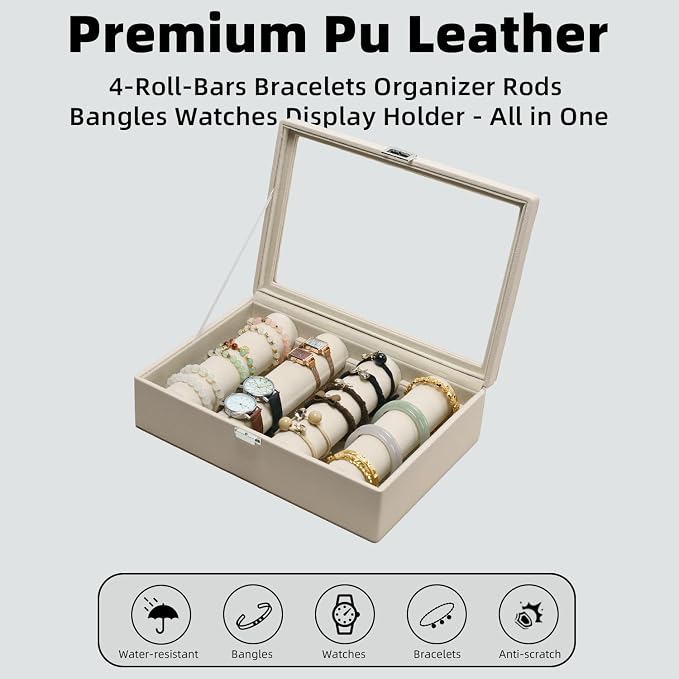 Bracelets Organizer Rods Bangles Display Holder, Clear See through Lid Leather Velvet Jewelry Storage Box Case for Women, 4 Rods Apricot Leather - Image 6