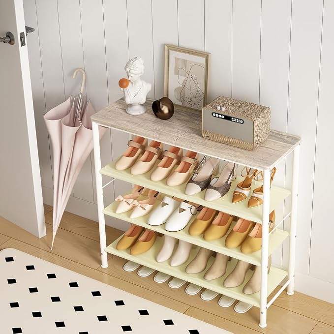 INGIORDAR Shoe Rack Organizer 5 Tier Metal Organizer Shelf with Industrial MDF Board and Layer Fabric for Entryway Closet Bedroom Living Room Garage (White, 4 Tier) - Image 5