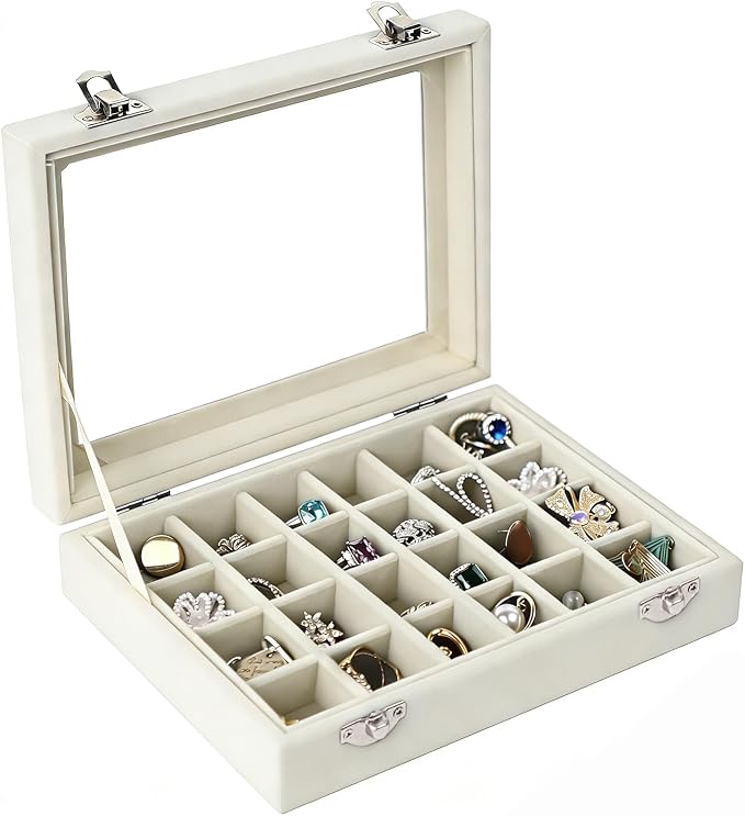 Velvet Jewelry Box 24 Grid Jewelry Earrings Display Organiser Box Ring Tray Holder Earrings Storage Case for Girls Women Wife Mom (Beige) - Image 3