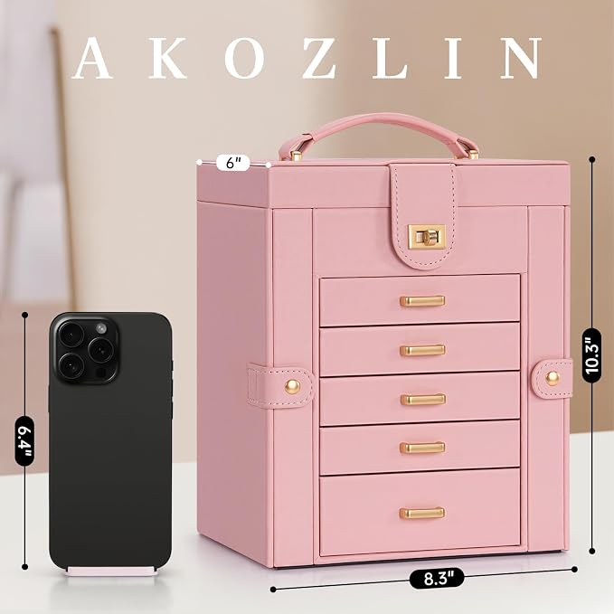 AKOZLIN Large Jewelry Box Organizer Functional with Big Mirror, Leather Jewelry Storage Case for Women Girls Ring Necklace Earring Bracelet Holder Organizer - Image 4