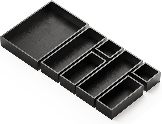 SpaceAid 7-Piece Bamboo Drawer Organizer Storage Boxes Set, Wood Tray Junk Drawer Organizers Multi-Use Divider Bins for Kitchen, Bathroom, Office Desk and Makeup Organization (7 Pack, Black) by SpaceAid
