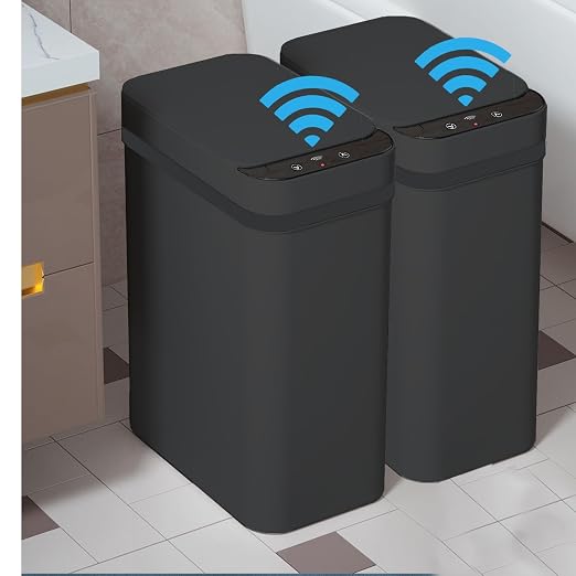 Yatmung 2 Pack - Skinny Trash Bin Sensor Motion 2.5 Gallon Touchless Bathroom Trash Can - Smart Trash Can with Lid - Electric, Narrow, Plastic, Auto Open - Small Slim Automatic Garbage Can (Black) by Yatmung